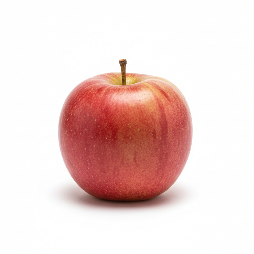 make an image of a simple organic apple on white background with a little shdadow below the apple 